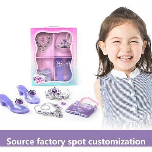 1Set Girls Princess Party Dress Up Jewelry Accessories Crown Necklace Ring Shoes Bags Kids Prerend Play Toys Birthday Gifts