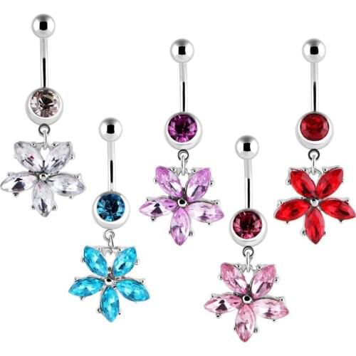 1PCS Sexy Belly Bars Belly Button Rings Belly Piercing Crystal Flower Body Jewelry Navel Piercing Rings Golden Body Accessories