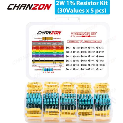 150Pcs (30 Values x 5 pcs) 2W 1% Metal Film Resistors Set 1ohm - 1M ohm 2Watt High Precision MF Fixed Resistance Kit Assortment