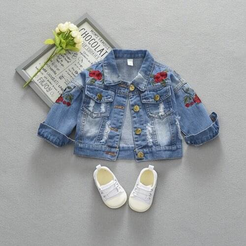 2017 Kids Denim Jacket for Girls Windbreaker Child Jeans Coat Lapel Cardigan Embroidery Outwear Coat Girl Sequins Jackets 2-7T