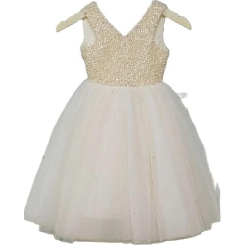 2020 Ivory Pearls Stars Flower Girl Dresses Vneck Knee Length Girl Dress for Weddings Sleeveless Semi-Backless Communion Dress