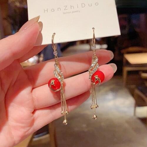2021 Fashion Red Peacock Tassel Earrings for Women Personality Korean Ear Drop Dangle Earrings Blue White Girl Earrings Jewelry