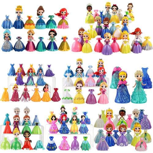6pcs/Lot Q Posket Princess Magi Clip Dress Snow White Tangled Anna Elsa Mermaid Sofia Belle Magiclip PVC Action Figure Model Toy