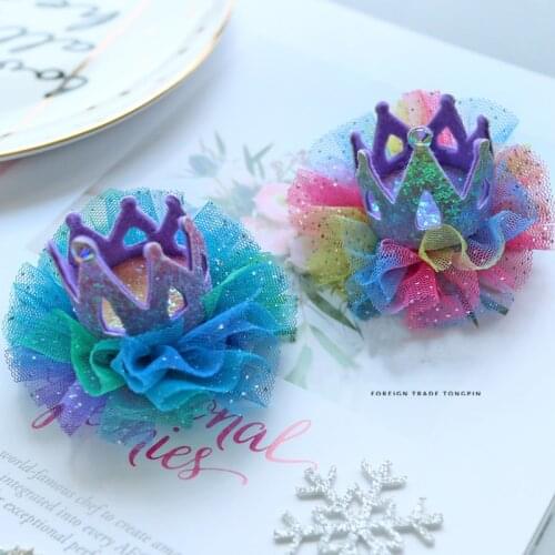 8pcs/lot Gradient Color Starry Hair Bows Glitter Crown Princess Headwear Rainbow Mesh Party Dance Headdress Hair Accessories