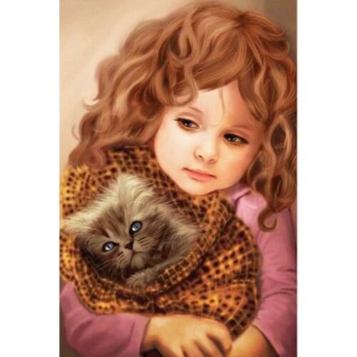 5D DIY Diamond painting Full Square Diamond embroidery Portrait Girl & Kitten Cross stitch Full Round Diamond mosaic