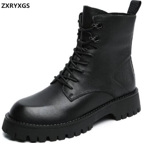 ZXRYXGS Top Cowhide Leather Shoes Autumn Martin Boots 2020 New Fashion Knight Boots Comfort Thick Heel Riding Boots Women Boots