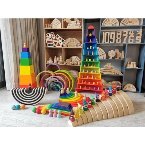 Children Wooden Rainbow Blocks Wooden Balls Dolls Rainbow Building Stacking Blocks Montessori Color Sort Educational Toy