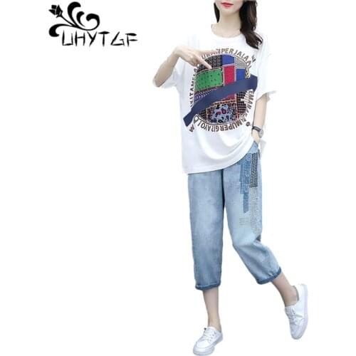 UHYTGF Elegant Student Summer Two Piece Set Womens Pullover T-Shirt Top + Jeans Suit Female Casual Thin Plus Size Tracksuit 1987