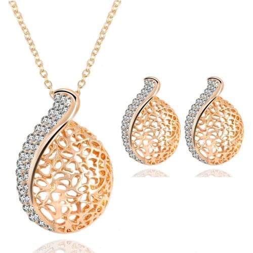 10 sets/lot Hollow Waterdrop Pendant Necklace Earrings Set Women Gold Crystal Rhinestone Jewelry Sets Bridal Wedding Choker