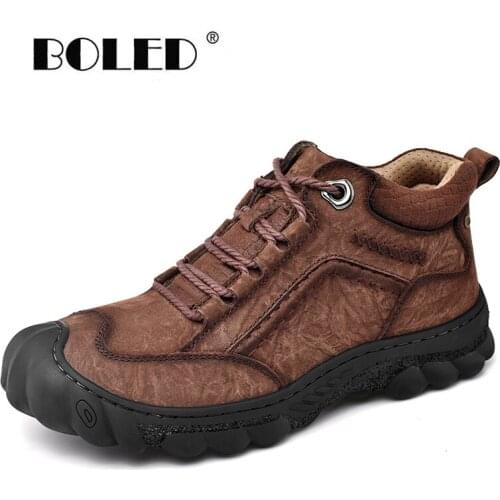 Full Grain Leather Boots Men Handmade Quality Autumn Winter Men Shoes Lace Up Rubber Sole Outdoor Ankle Snow Boots Shoes