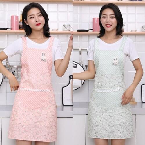 Summer cute ladies fabric cotton apron breathable fashion big pocket shoulder strap