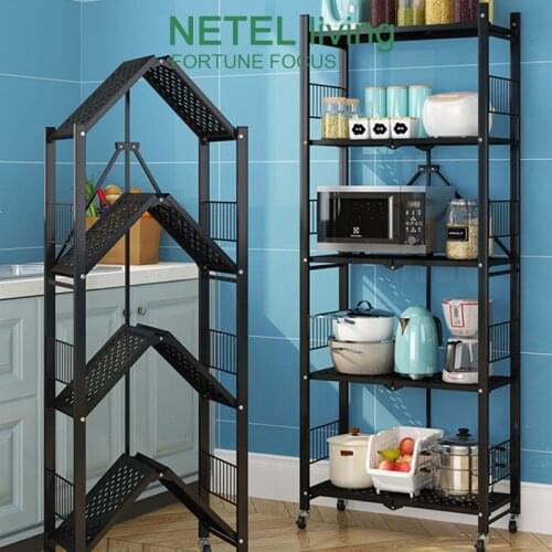 Household Foldable Shelf kitchen Movable Pulley Multi-function Storage Rack Large Capacity Carbon Steel Floor-mounted Microwave