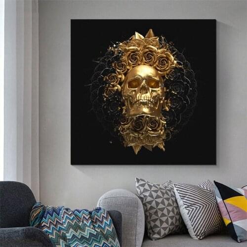 Golden Skull Black and White Flower Canvas Wall Painting Poster And Prints Abstract Totem Art Picture For Living Room Home Decor