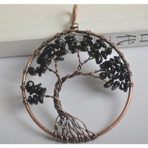 Natural Lucky Handmade Tree of life Black Obsidian Bronze Copper Wire Wrap GEM Pendant Jewelry S1291