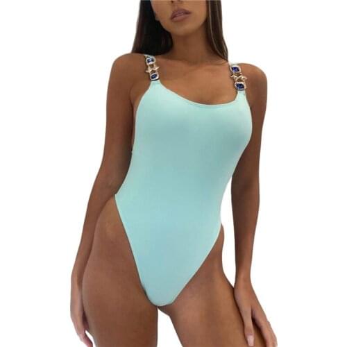 Sexy Women Low-cut U-neck One-piece Swimsuit Solid Color Push Up Bathing Suit Summer Bodysuit Swimsuit With Rhinestone Straps