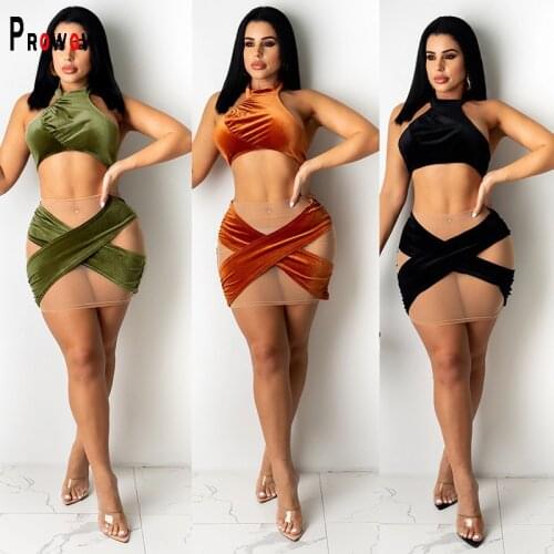 Prowow Women Clothing Set Corset Tops Skirts Two Piece Matching Summer Suits Mesh Velvet Patchwork Sexy Party Night Club Wear