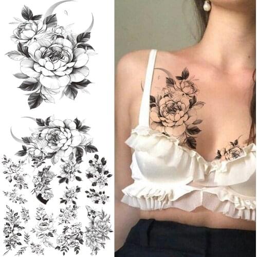 Realistic Moon Rose Fake Tattoo Stickers For Women Girls Adult Black Gun Butterfly Dahlia Temporary Tattoos Forearm Tattos Art