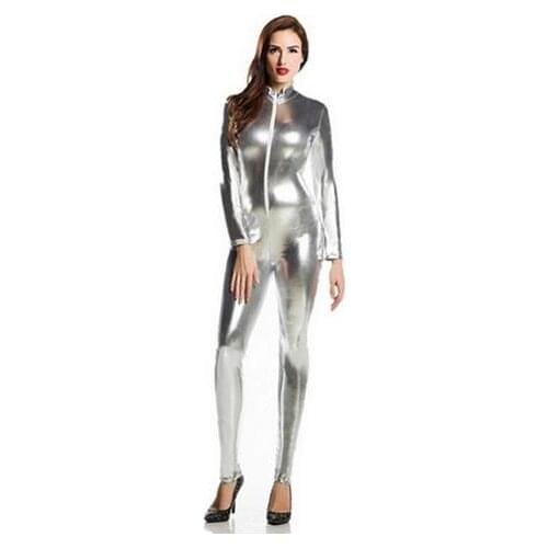 Silver Shiny Metallic women‘s Spandex jumpsuit Unitard Catsuit No Hood Front Zipper