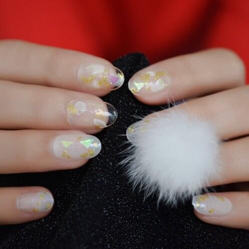 Glass Broken Decorated False Nails Rich Hair Pre-glued Manicure Tips Transparent Press On Fingernails with UV Gel Medium