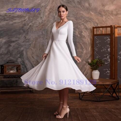 2021 Short Wedding Dresses Sexy V Neck Long Sleeves Beading Belt A Line Simple Bridal Gown Vestidos De Noiva Aliexpress France