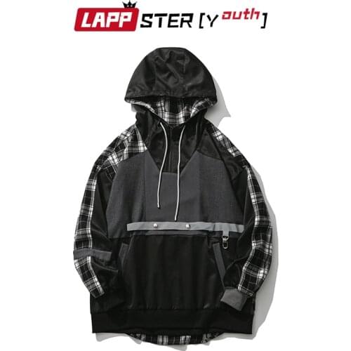 LAPPSTER-Youth Men Patchwork Black Plaid Harajuku Hoodies 2021 Mens Causal Streetwear Vintage Hoodies Man Hooded Fashion Sweater