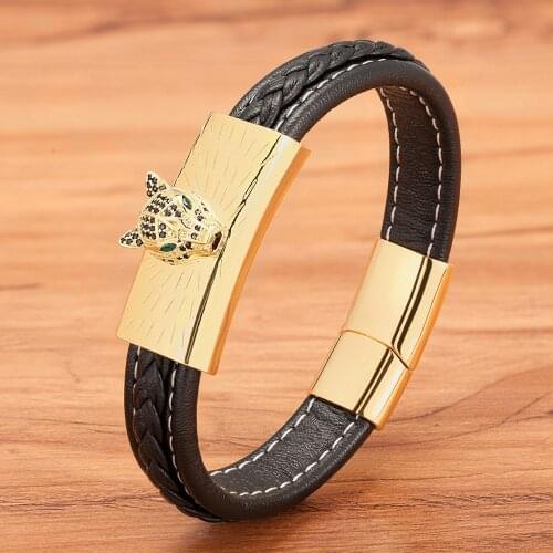 Majestic Design Cheetah Head Stainless Steel Mens Leather Bracelet Luxury Classic Style Symbolize Mens Jewelry For Gift