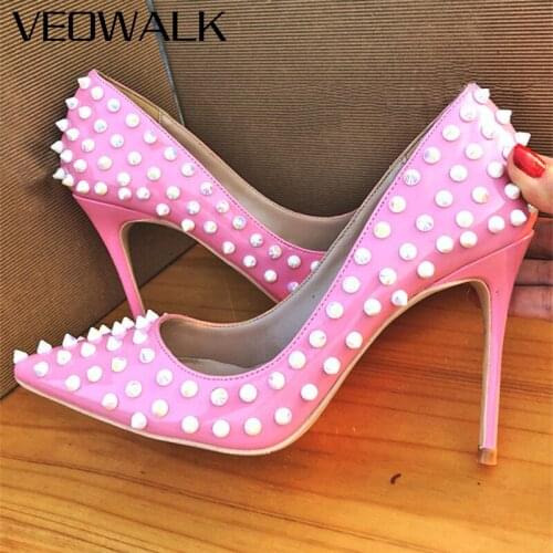 Veowalk Sexy Spikes Women Patent Pink Pointy Toe Stiletto Pumps Ladies Club Party High Heel Shoes with Rivets Plus Size 33 44 45