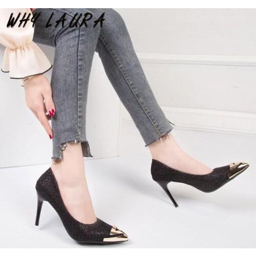 Leather Womens High Heels Stitch Heels Highlight Metal Decoration High Heels Sexy Party Shoes Womens High Heels Pointed Toes H