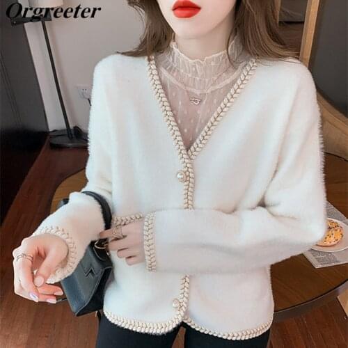 White Wild Imitation Mink Sweaters Jacket Autumn White Long Sleeve O Neck Knitted Cardigan Single-breasted Tops Sueters De Mujer