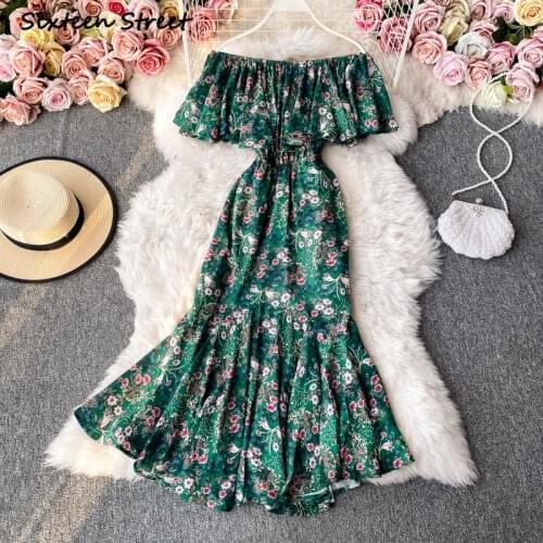 Sexy Dresses for Women Floral Chiffon Y2k Dress Vintage Slash Neck Vestido De Mujer Floral Elegant Fashion Korean Dress 2021