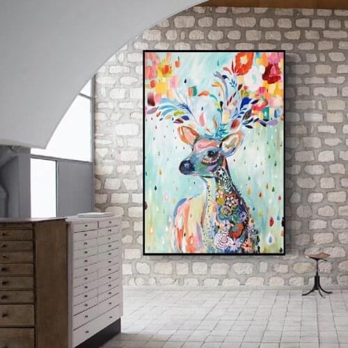 Abstract Graffiti Animal Art Painting Print on Canvas Art Poster and Print Wall Art Sika Deer Picture for Living Room Home Decor