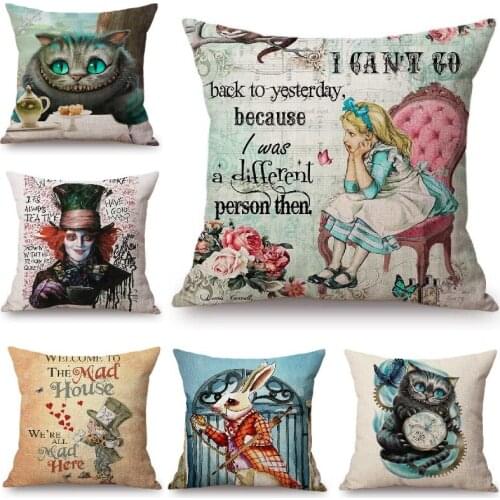 Alice in Wonderland Cushion Cover Cute Rabbit Cat Printed Sofa Throw Pillow Vintage Home Decorative Pillow Case