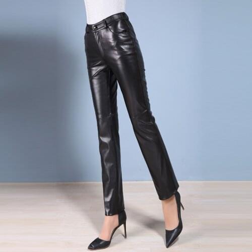 Genuine Sheepskin Leather Pants Womens Trousers Spring Autumn 2021 Motorcycle Female High Waist Pants Pantaloni Donna Zjt2415