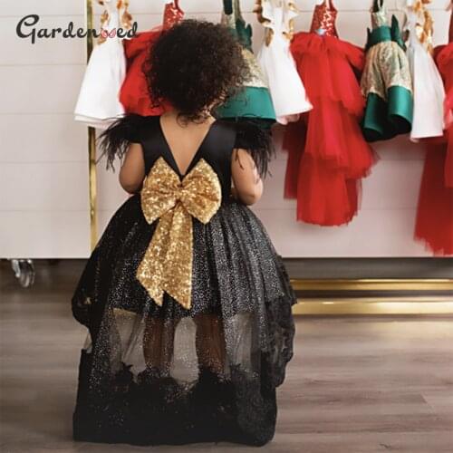 Kid High/low Lace Layers Skirt Party Dresses Glitter Sequin Bow Knot Pagnant Dresses Feather Sleeves V Back Flower Girl Dresses