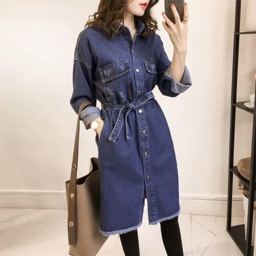 New Arrival 2019 Denim Dress Cowboy Button Front Belt Long Sleeve Turn-Down Collar Female Jean Dresses Women 2019 AA4938