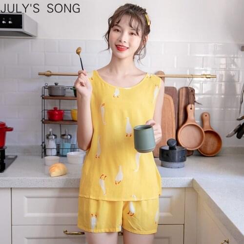 JULYS SONG Summer Colorful Women Pajamas Set Sweet Sleeveless Vest And Shorts Nightwear Girls Women Crew Neck Summer Sleepwear