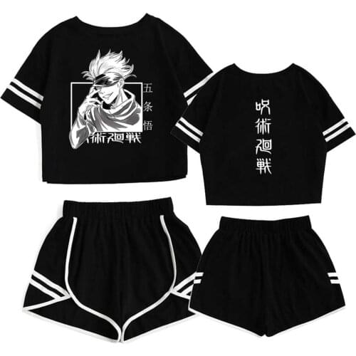 Anime Short Suit Cosplay Black Solid 2 Piece Outfits Women Female Girl Streetwear Sportswear Japanese Crop-top Set Summer