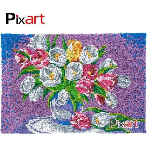 Latch Hook Rug Tulips with Vase Crocheting Tapestry Kits DIY Carpet Rug Chunky Yarn Needlework Knitted Floor Mat Hobby & Crafts