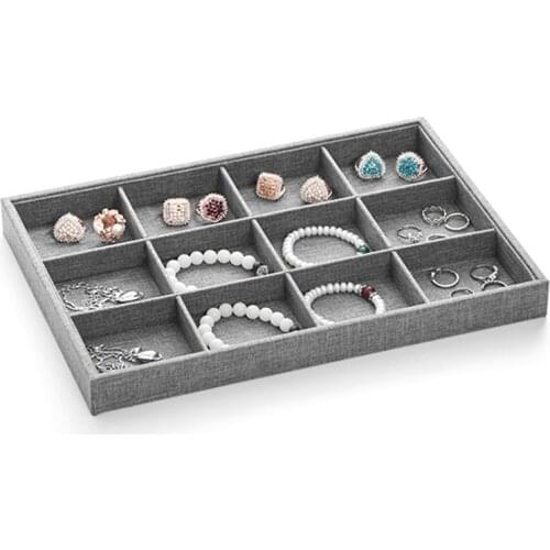 Fashion 12 lattices Jewelry Grey Liene Vintage Necklace Bracelet Ring Display For Storage Hand Made Beads Show Case Tray