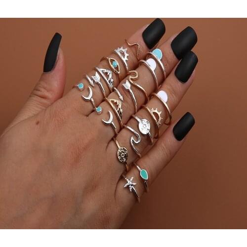 20 Pcs/Set Silver Color Women Cross Evil Eye Moon Star Ring Set Boho Wave Lightning Crystal Gem Ring Lover Gift 2020