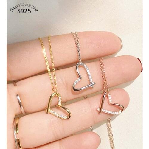 Genuine Real Pure Solid 925 Sterling Silver Pendant Necklace for Women Jewelry Cubic Zircon 18K Gold Heart Chain Necklaces