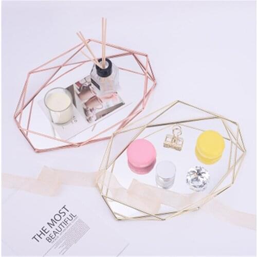 Nordic Jewelry Display Tray Makeup Case with Acrylic Mirror Metal Cosmetic Box Rose Gold Hexagon Storage Plate Desktop Organizer