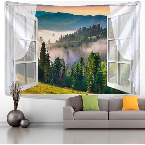 Window Forest Plant Landscape Tapestry Natural Scenery Wall Hanging Indian Throw Mandala Hippie Bedspread Bohemian Home Decor