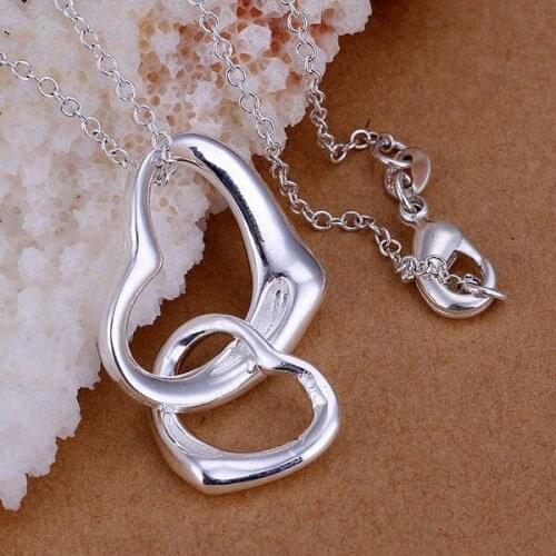 Necklaces silver plated trendy jewelry pendant necklaces double heart 18 inches jewelry wholesale free shipping kokm LP007