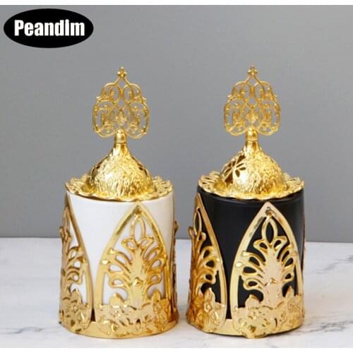 PEANDIM Middle Eastern Metal Gold Incense Burner Matte Black And White Color Ceramic Incense Holders Home Censer Decoration