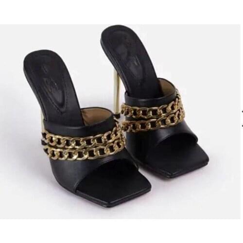 Thin High Heels Sandals Women Chain Square Toe Slippers 2021 Summer Gladiator Sandals Ladies Outdoor Party Shoes Chaussure Femme