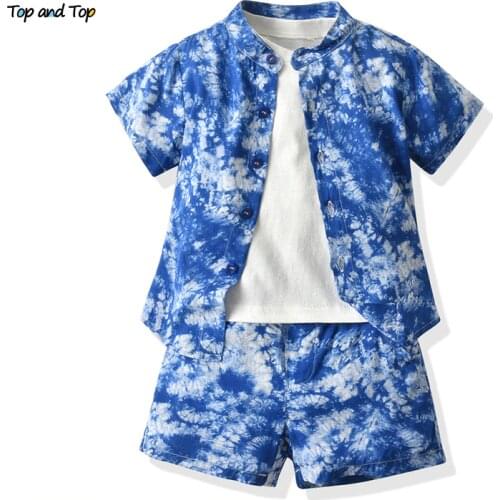 Top and top Summer Fashion Toddler Boys Casual Clothing Set Tie-dyed Style Shirt+White Short Sleeve Tshirt+Shorts 3PCS Outfits
