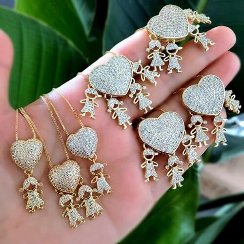 Vintage Heart Four Boy Girl Pendant Necklace For Women Gold Color Chain Necklace Cute Kids Jewelry Mothers Gift Free Shipping CZ