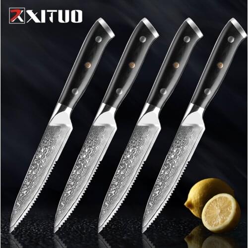 XITUO 5 Inch Damascus Steel Steak Knife G10 Handle Kitchen Knife Set Home Kitchen Dinner Damascus Meat Cleaver Knives