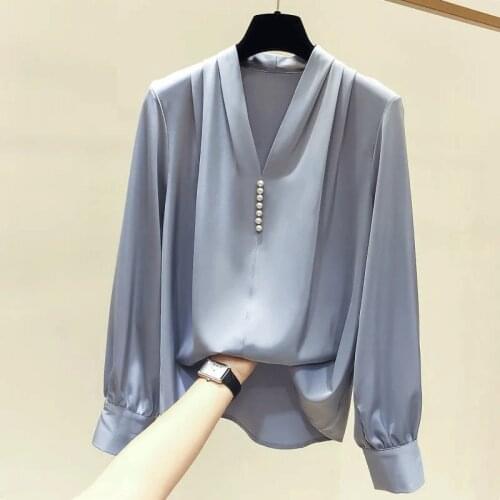 Beaded V-neck Chiffon Shirt Womens Large Size 2021 Spring and Autumn New Korean Fashion Loose Casual Pure Color Pullover Top